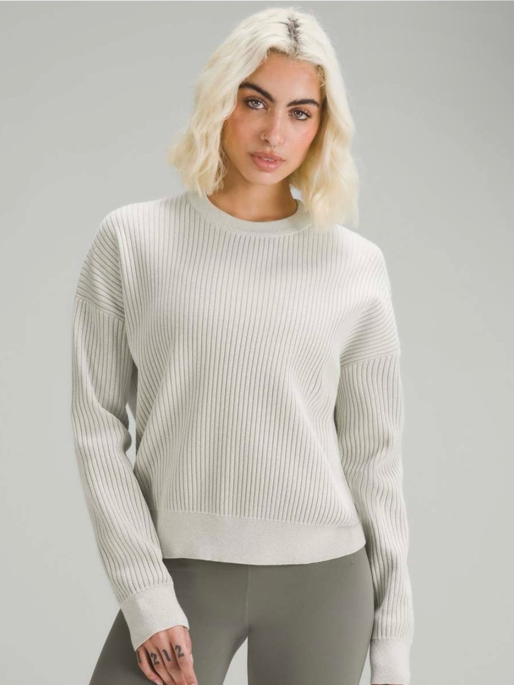 lululemon athletica Cotton blend Ribbed Crewneck Sweater in Bone